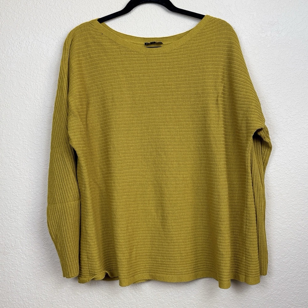 Eileen Fisher Womens 100% Wool Ribbed Knit Sweater Mustard Boat Neck XL *flaw